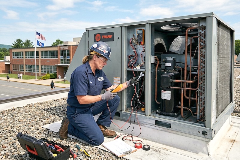 School maintenance worker fixes hvac